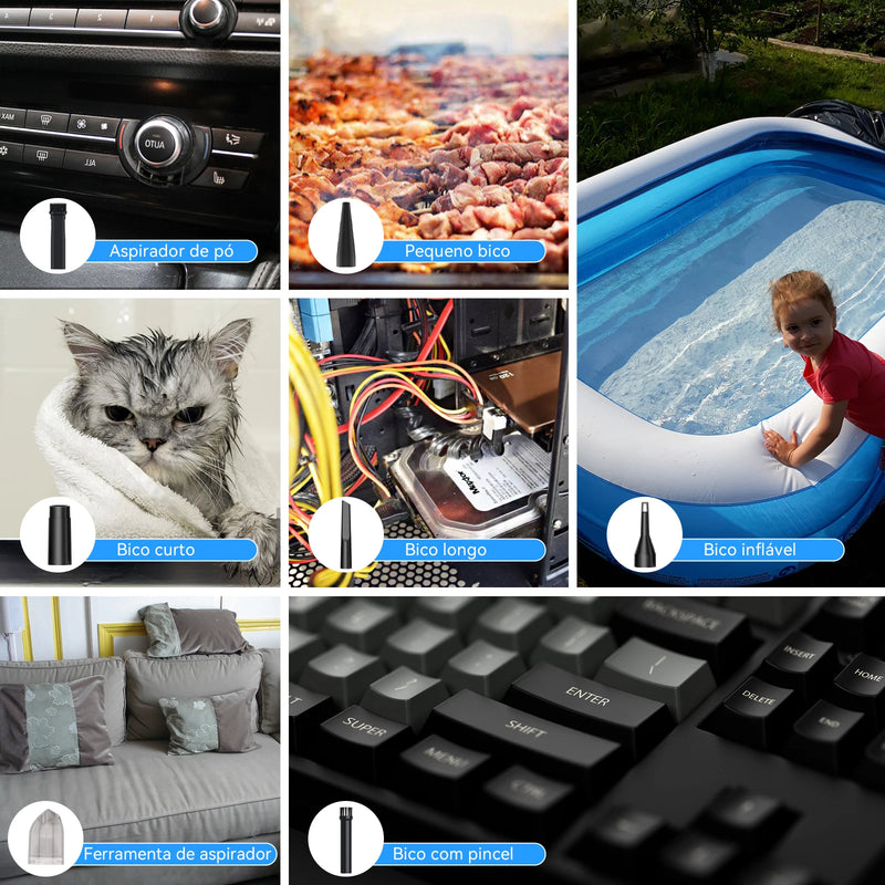 Soprador e Aspirador de Ar Comprimido 2 em 1: Soprador de Ar Elétrico para Limpeza de Computadores, Aspirador de Pó Sem Fio para PC e Carro