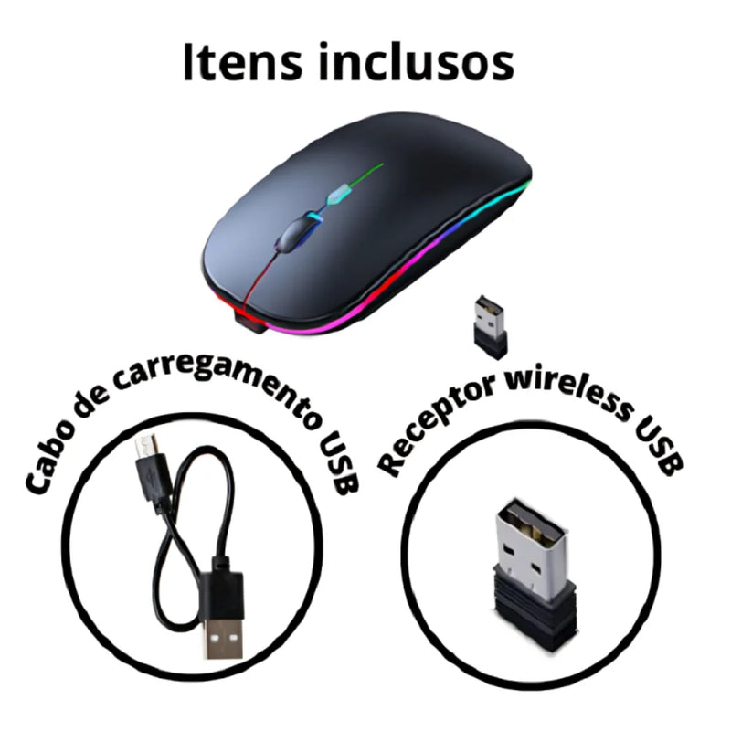 Mouse Sem Fio Wireless Com Bateria Interna Recarregavel 2,4 Ghz Led RGB Home Office