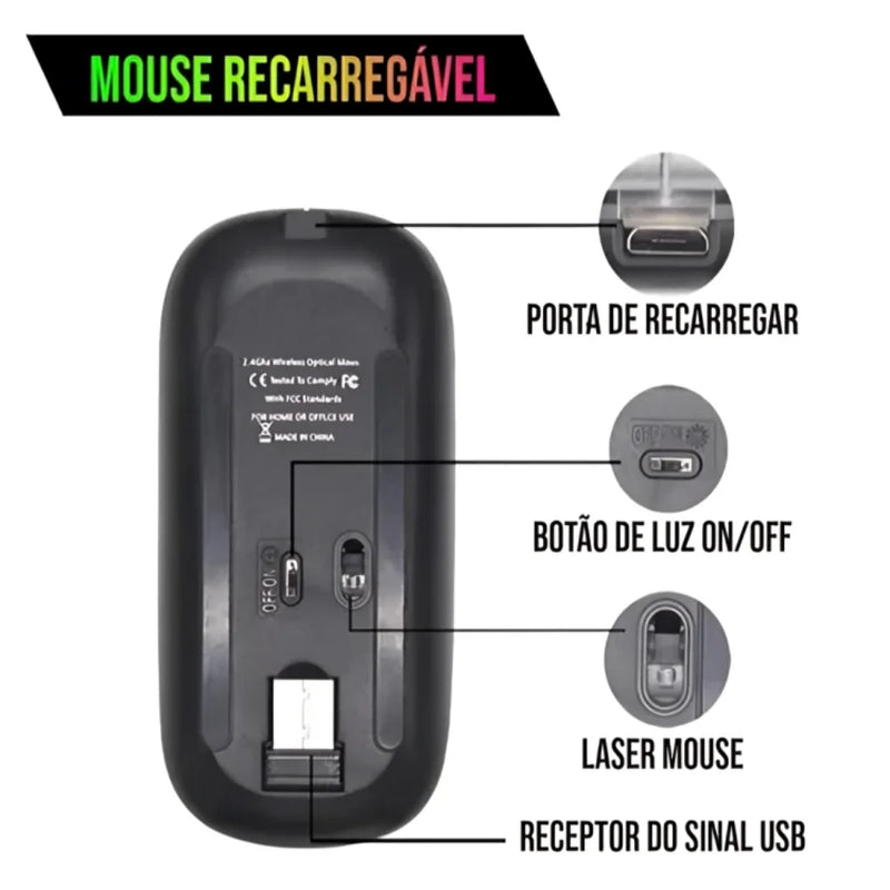 Mouse Sem Fio Wireless Com Bateria Interna Recarregavel 2,4 Ghz Led RGB Home Office